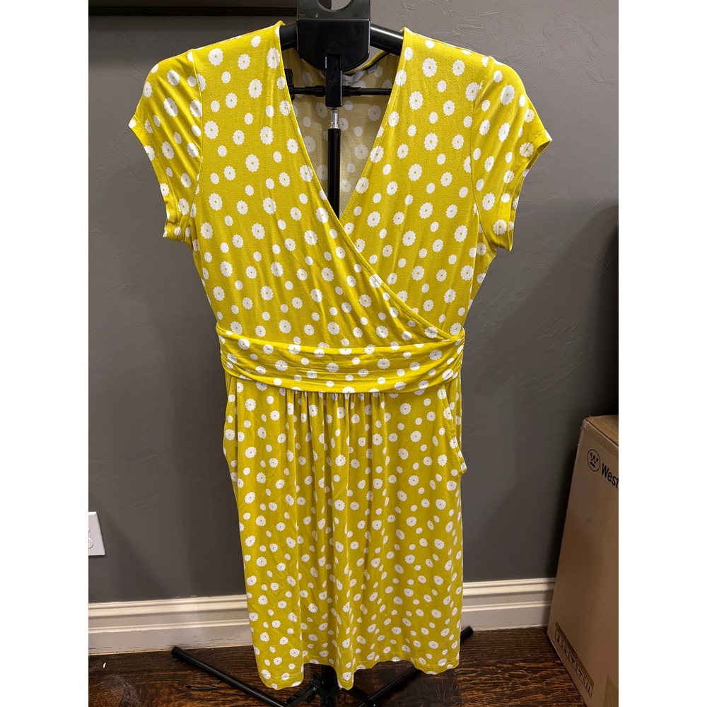 Boden Yellow Daisy Print Wrap Dress Faux Wrap Short Sleeve Pockets US 8R UK 12R